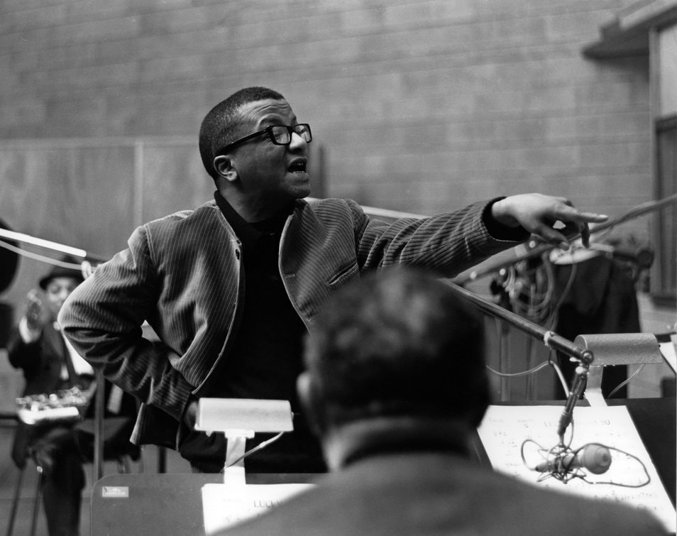 Billy Strayhorn conducting in the recording studio — Pittsburgh jazz legend and composer