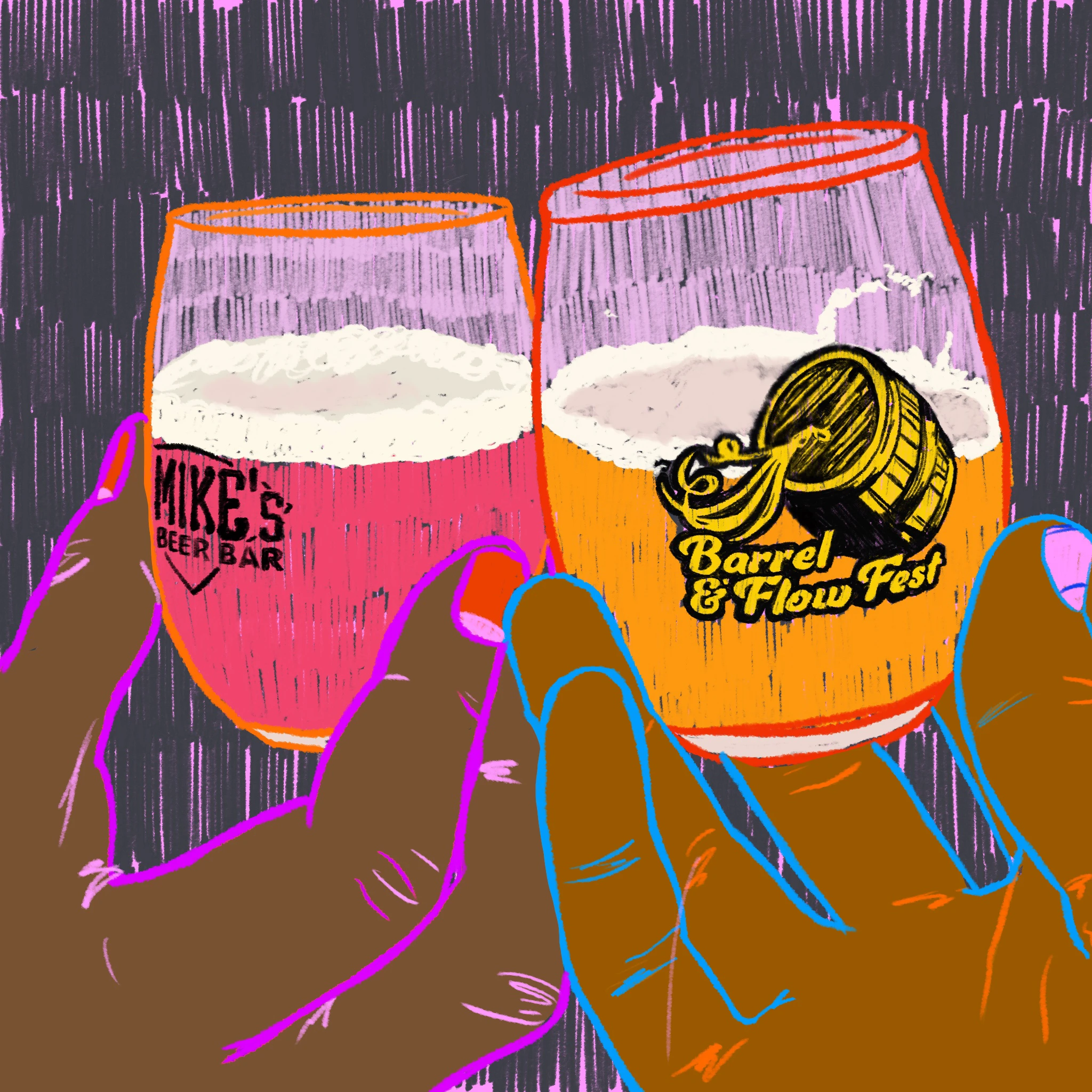 Illustrated graphic of two beer glasses — Mike's Beer Bar and Barrel & Flow Fest
