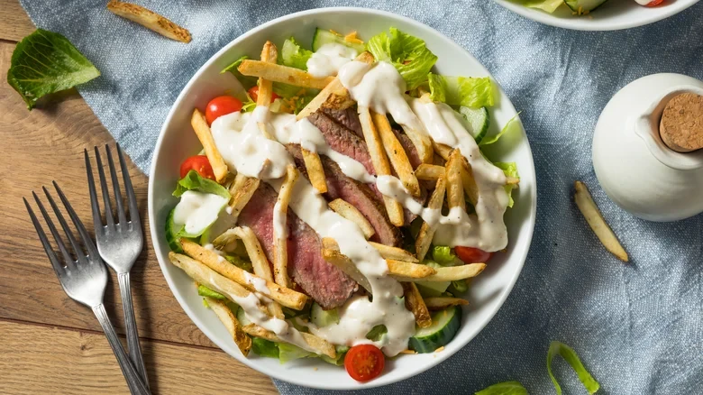 Pittsburgh Salad — steak, fries, greens and ranch dressing