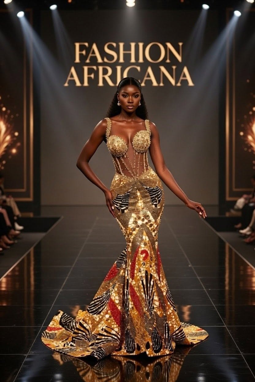 Model in ornate gold and patterned gown on the Fashion Africana runway