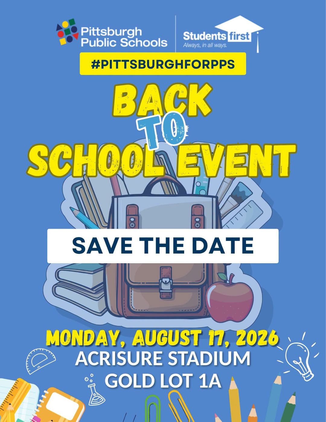 Pittsburgh Public Schools Back-to-School Event flyer — Monday August 17 at Acrisure Stadium