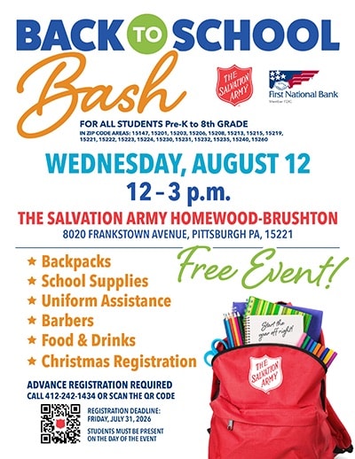 Salvation Army Homewood-Brushton Back to School Bash flyer — Wednesday August 12