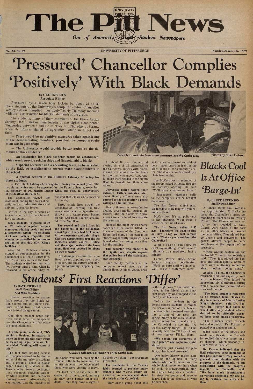 The Pitt News front page, January 16, 1969