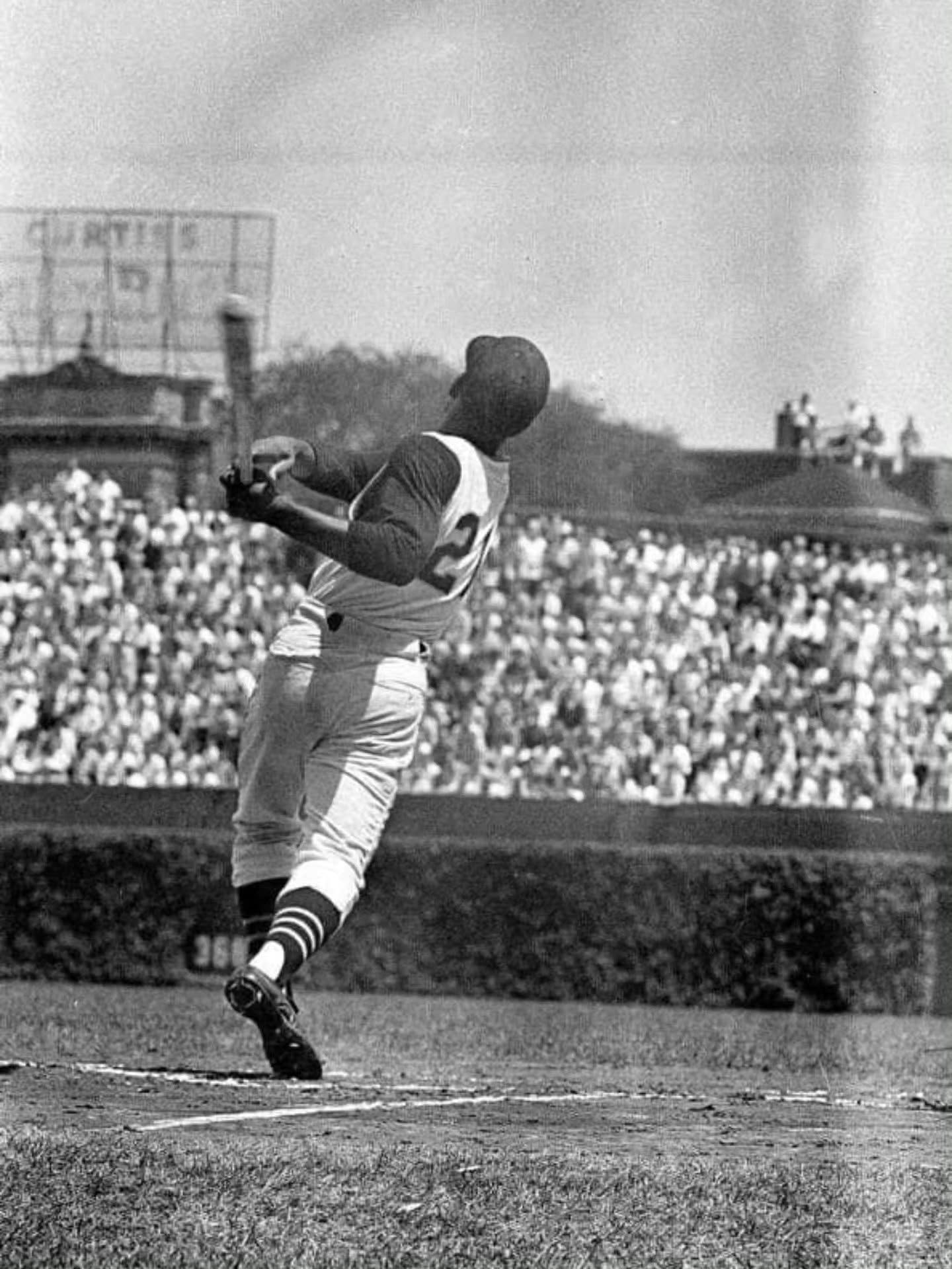 Roberto Clemente No. 21 full follow-through swing at Wrigley Field