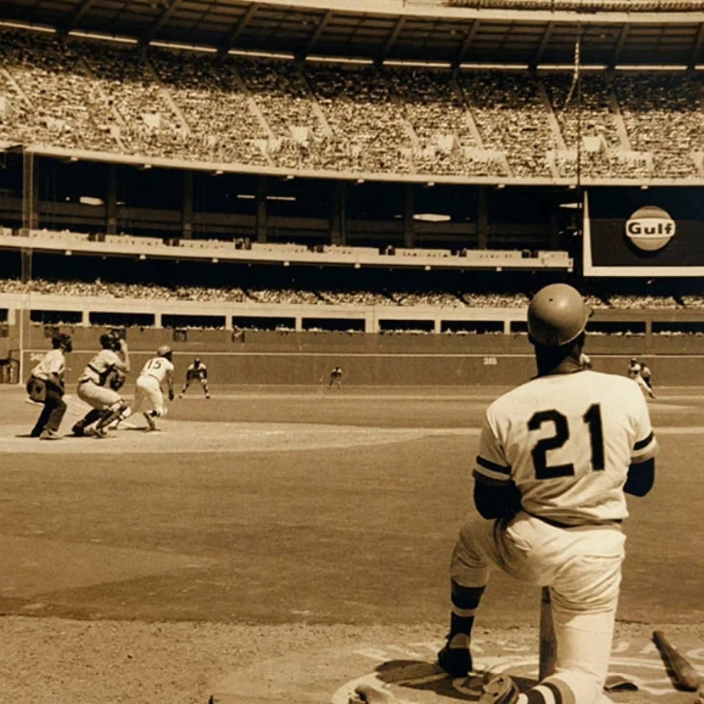 Roberto Clemente No. 21 watching from the on-deck circle at Three Rivers Stadium