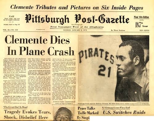 Pittsburgh Post-Gazette front page, January 2, 1973 — "Clemente Dies In Plane Crash"