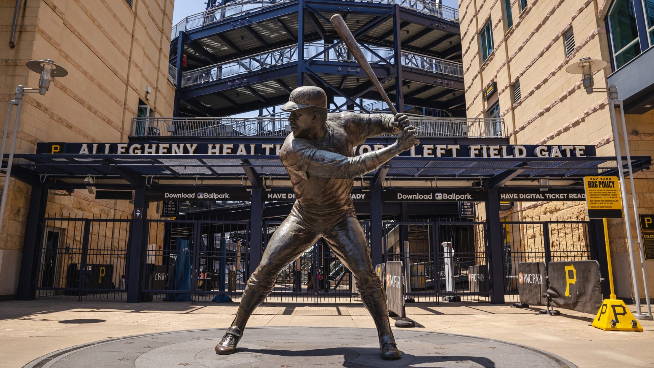 Roberto Clemente batting stance statue at the Left Field Gate entrance to PNC Park