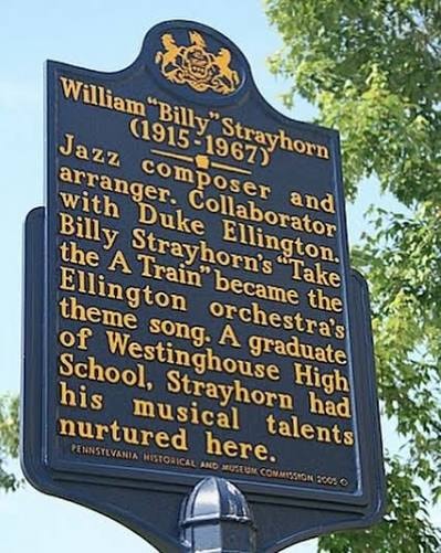 Pennsylvania historical marker for Billy Strayhorn outside Westinghouse High School